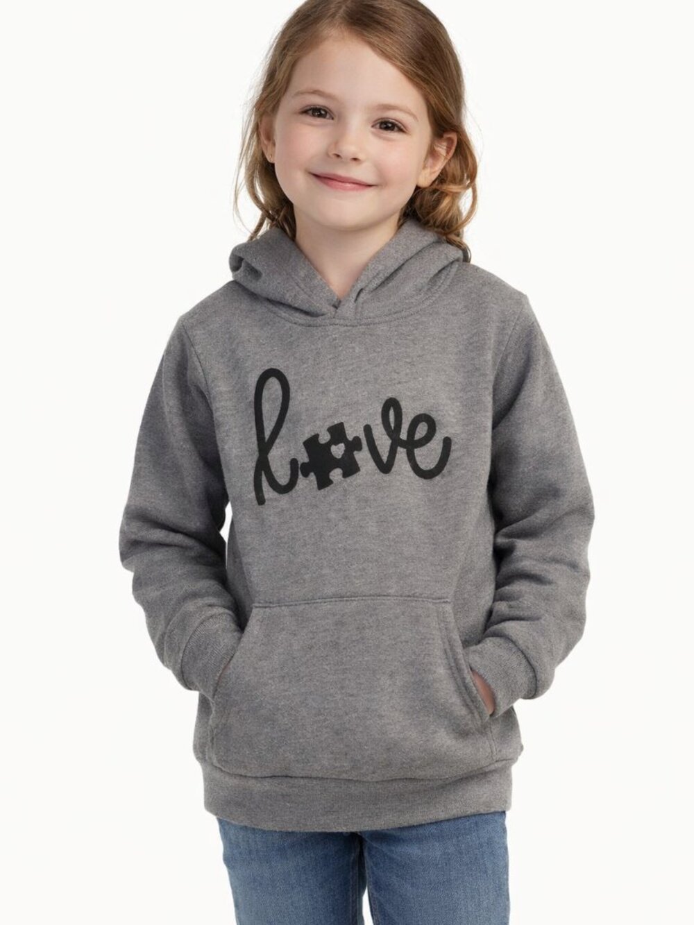 Love Puzzle Piece Sweatshirt Hoodie Girls S 7/8 - Gray Black Preppy Graphic